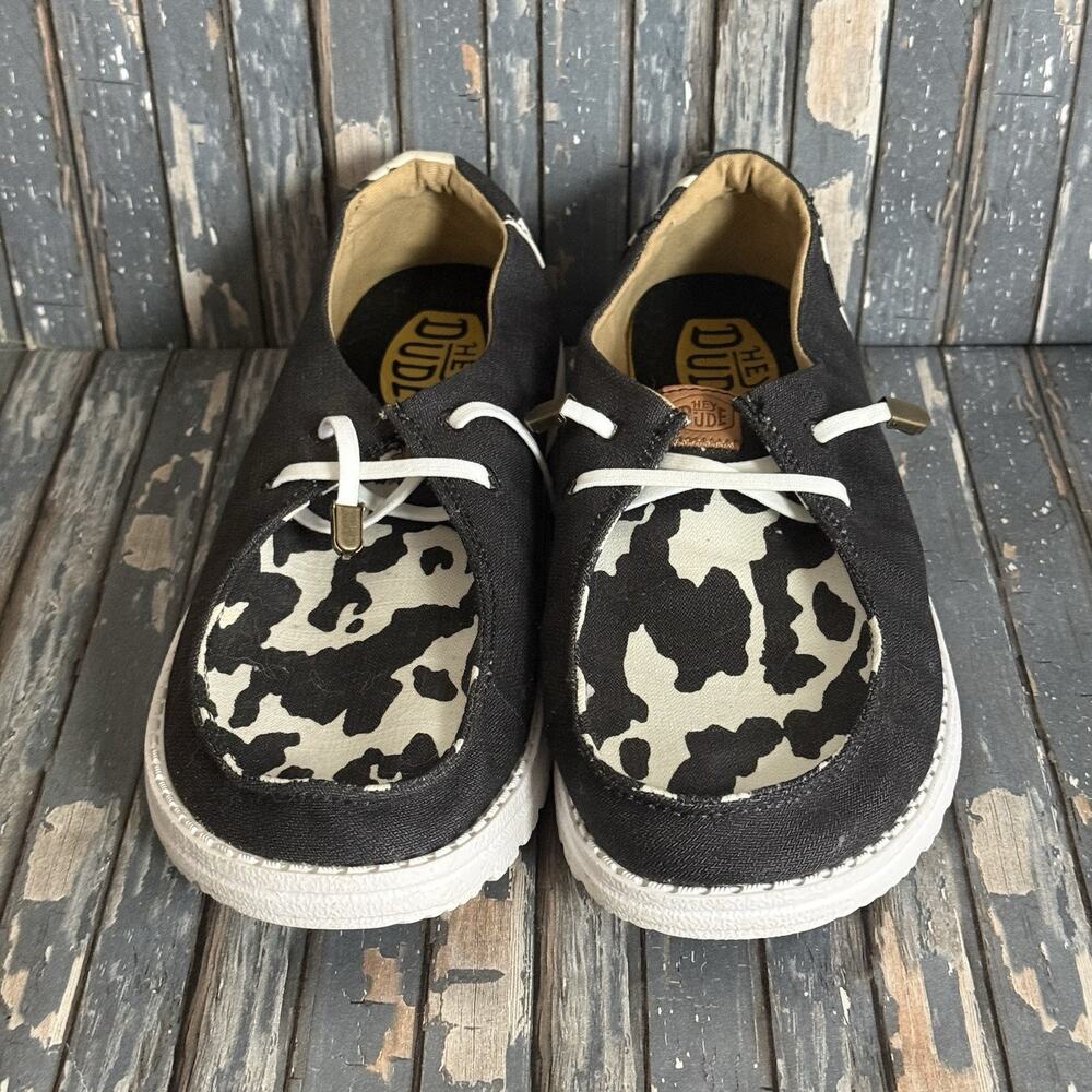 Hey Dude Wendy Animal Cow Print Canvas Lace-Up Sneaker Black/White women's US 10